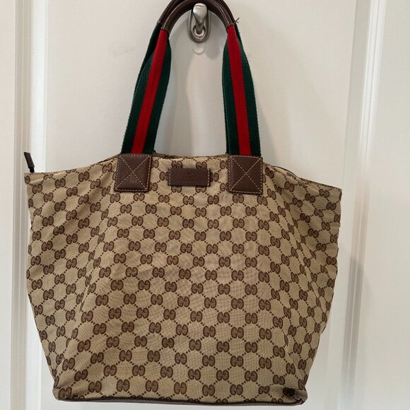 Gucci GG Canvas Monogram Web Tote Bag Brown Red Green Stripe 131231 - Picture 1 of 11